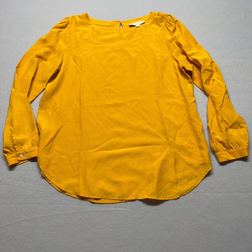 Loft Mustard Yellow Long Sleeve Blouse Keyhole Back Rayon Blend Top Size L